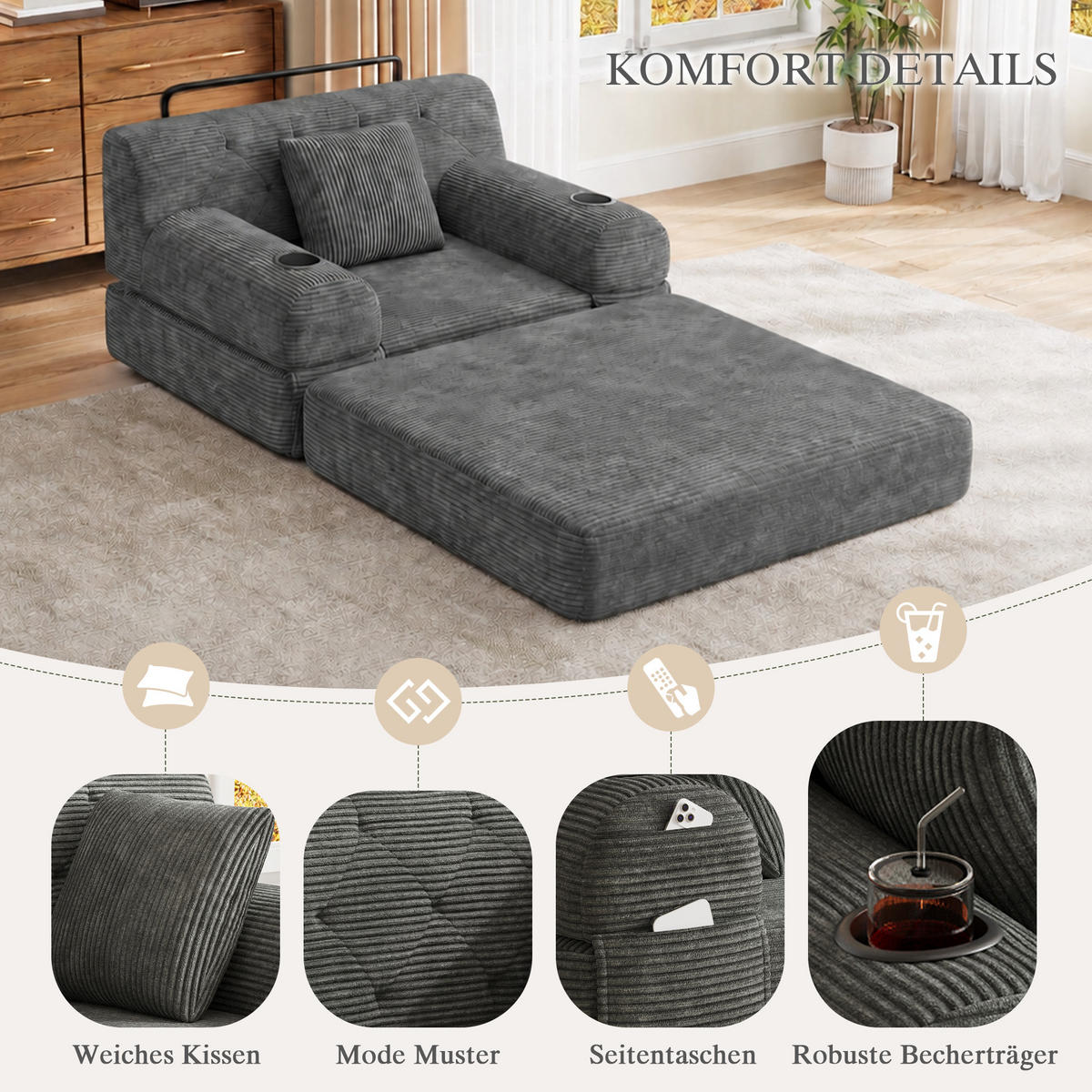 SCHLAFSESSEL Cord komprimiert, DE-42543, Dunkelgrau - Dunkelgrau, Metall (107/81/80cm) - ComfortXL