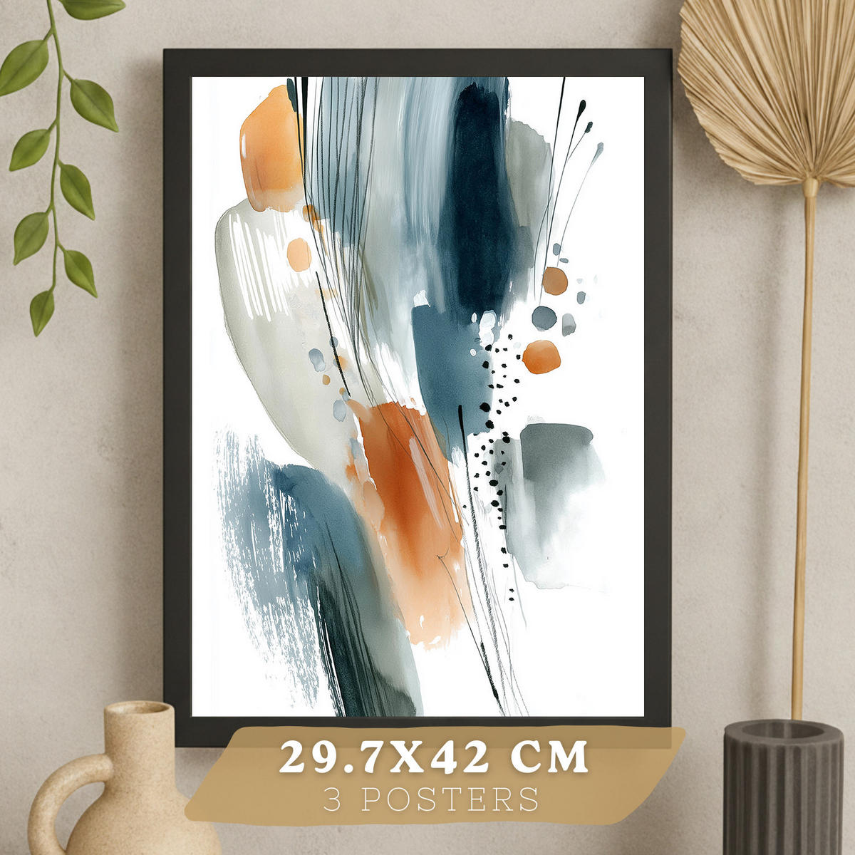 PLAKAT Sada 3 dekorativních nástěnných tisků Abstraktní akvarelové obrazy,oranžová. Moderní malby do obývacího pokoje. Černý rám velikosti A3 - černá, papír (29.7/42/3cm)