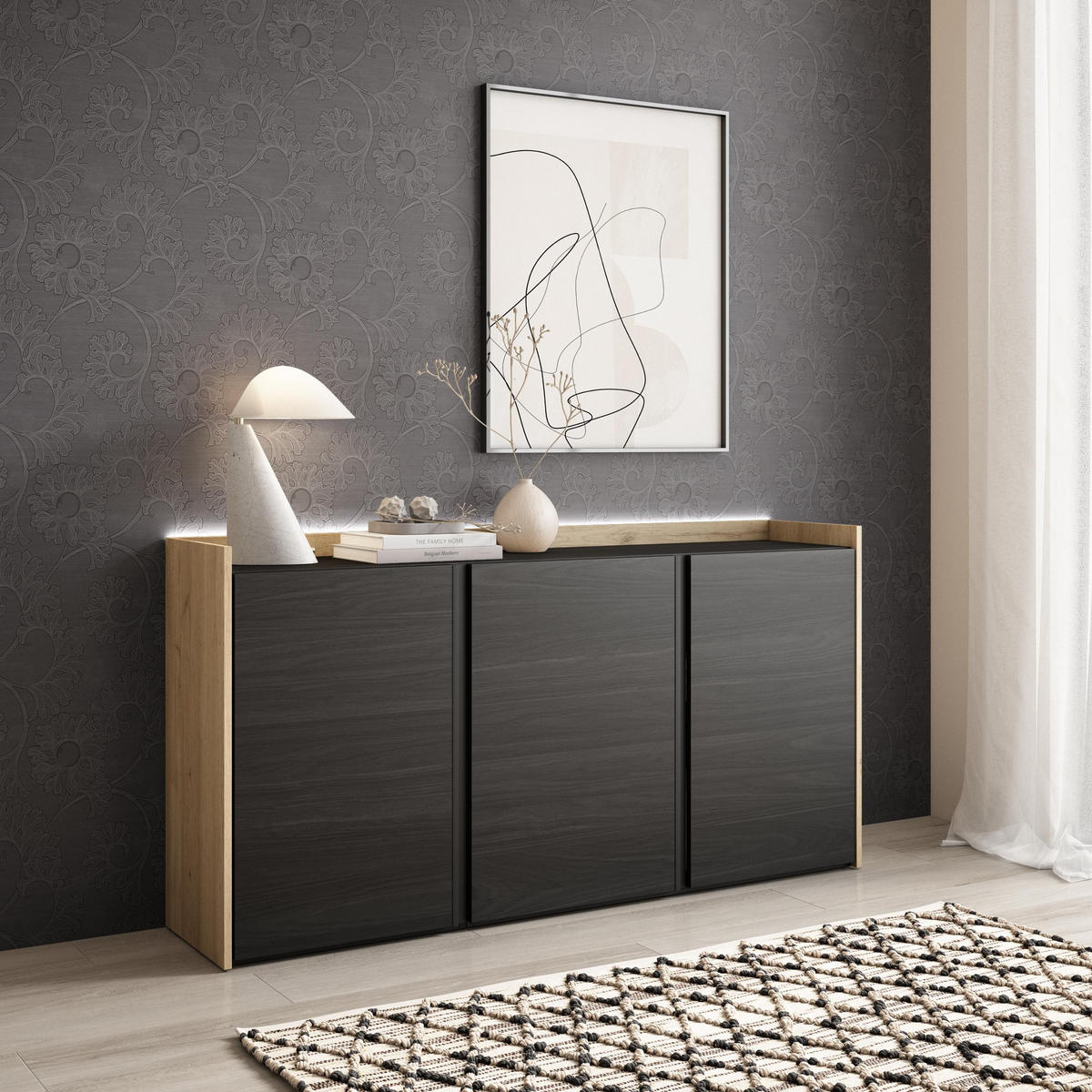 SIDEBOARD, Schwarz und Eiche, 156/35/80cm, mit Led - Schwarz, Holzwerkstoff (156/80/35cm) - Skraut Home
