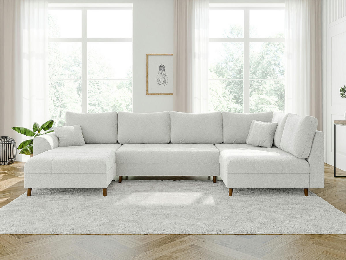 WOHNLANDSCHAFT inkl. Hocker Henrik Weiß Boucle - Weiß/Braun, Holz/Textil (310/81/161cm) - S-Style Möbel