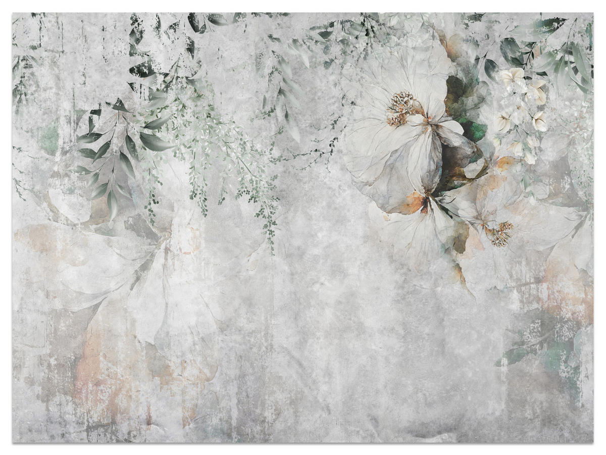 FOTOTAPETE für Esszimmer Zarte Blumen Blätter Beton 100x70 - Orange/Grau, Papier (100/70cm) - Muralo