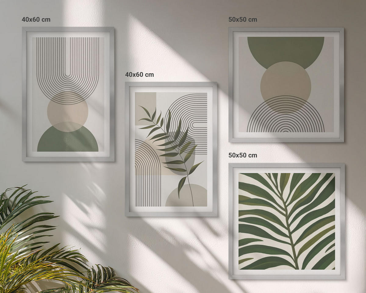 BILDER SET 4er Set - 50x50 cm & 40x60 cm Silberner Rahmen - Abstrakte Blätter im Boho-Stil - Silberfarben, Kunststoff (50/50cm) - TULUP