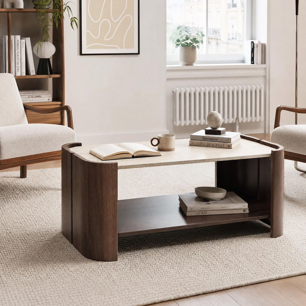 COUCHTISCH Holz Walnuss mit Travertin-Optik, 104 × 54 × 43 cm - Walnussfarben, Holzwerkstoff (54/104/43cm) - Hometopia