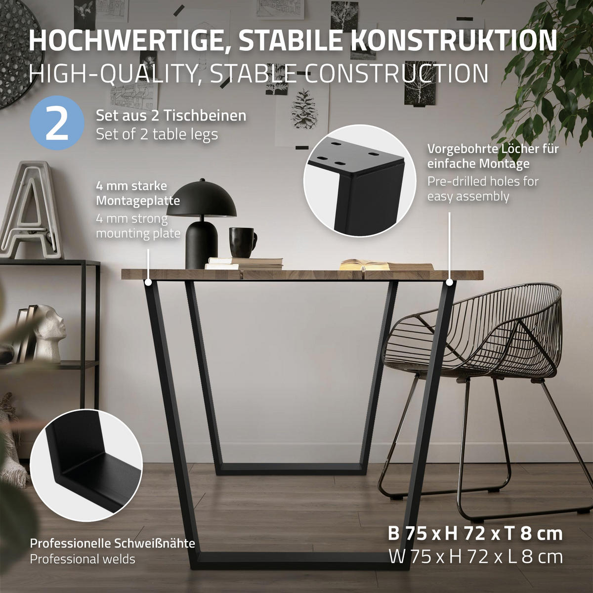 SADA 2 kusů nohou ke stolu ve tvaru V, 75 x 72 cm, černé - černá, kov (75/72/8cm) - ML-DESIGN
