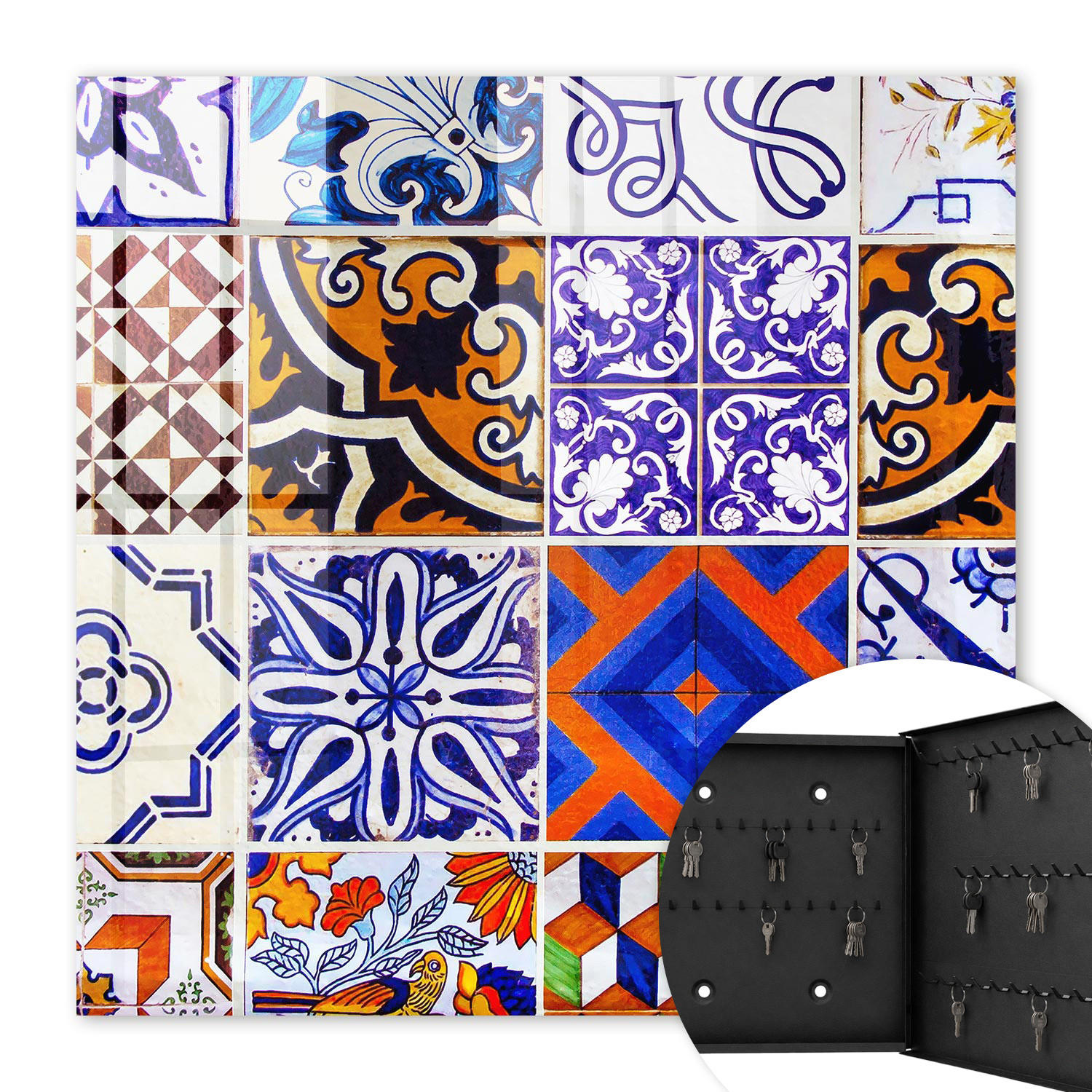 SCHLÜSSELBOX Schwarz 30x30 cm- Türöffnung nach rechts - Bunte Fliesen - Blau, Metall (30/30/5cm) - TULUP