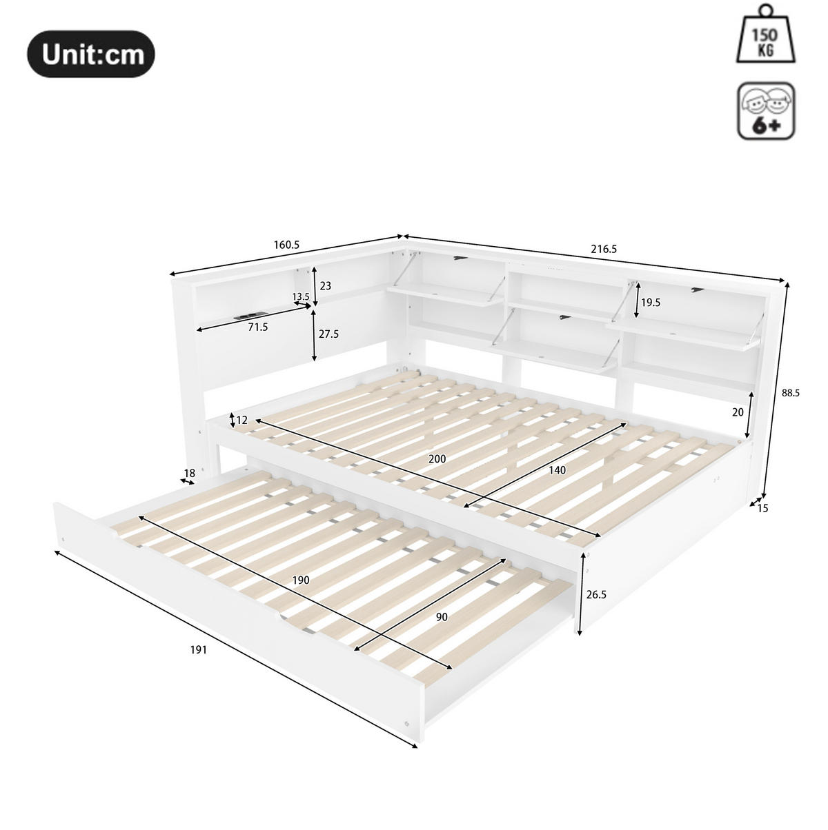 BETT 140/200 cm Weiß aus Kiefernholz mit Stauraum und Bett - Weiß, Holzwerkstoff (140/200cm) - OKMYHOME