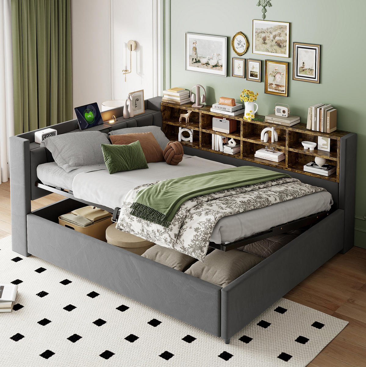 POLSTERBETT Schlafsofa aus Samt 140x200 cm Dunkelgrau mit Hydraulik-Stauraum, Nachtlicht, USB- und Typ-C-Anschlüssen - Grau, Textil (140/200cm) - Modfu