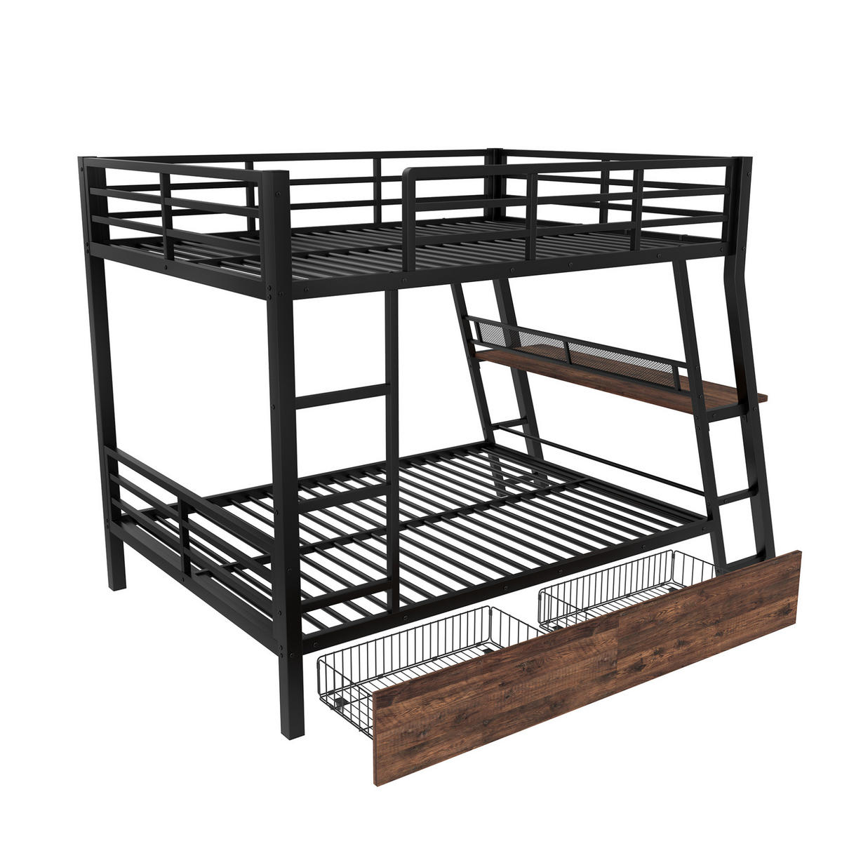 HOCHBETT 140/200 cm mit Schreibtisch, LED-Beleuchtung, 2 Schubladen und Treppe, Metallrahmen, Schwarz - Schwarz, Metall (140/200cm) - Redom