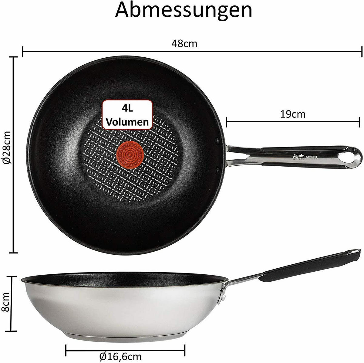 WOKPFANNE – Jamie Oliver J90924 28 cm, Edelstahl, Antihaft, Induktion, Antihaft - Silberfarben, Keramik/Metall (28cm) - Tefal