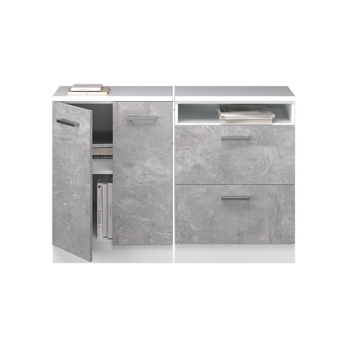 KUHINJSKI ORMAR ZA KOSINE KROVA R-Line Beton 120 cm Set od 2 korpusa ormara, dubina 60 cm - bijela/siva, drvni materijal (120/83.8/60cm) - Vicco