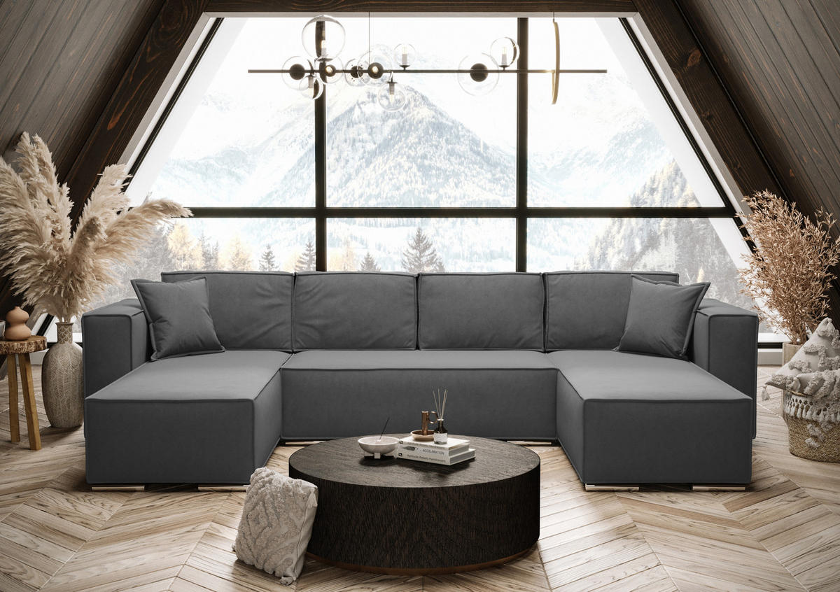 WOHNLANDSCHAFT Vinoria Grau 327/180/82 cm mit Schlaffunktion - Chromfarben/Grau, Textil/Metall (327/82/180cm) - AX Living