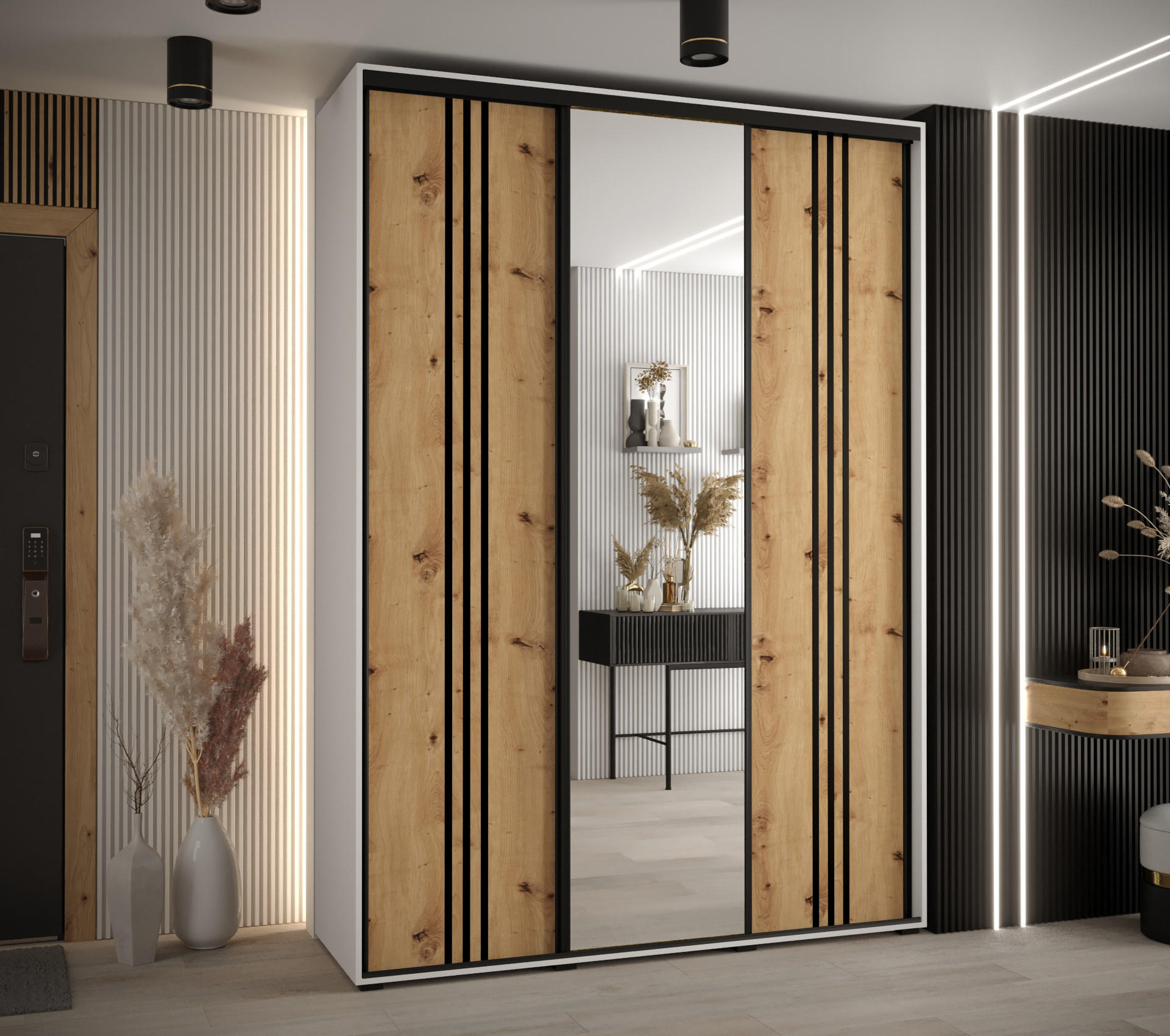 SCHWEBETÜRENSCHRANK 235,2/180/45 3-türig - Schwarz/Eiche Artisan, Holz/Metall (180/235/45cm) - Abiks Möbel