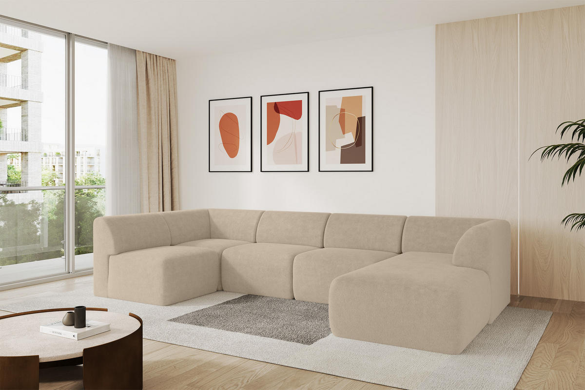 WOHNLANDSCHAFT Ottomane Rechts MOVO-L 345x180x78 cm Creme Tissu - Klar, Holzwerkstoff/Kunststoff (180/78/345cm) - ALTDECOR