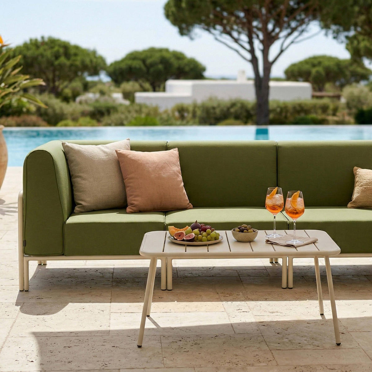 GARTENSOFA mit 5 Sitzplätzen, Khakigrün - Grün, Textil (288/78/80cm) - Oviala