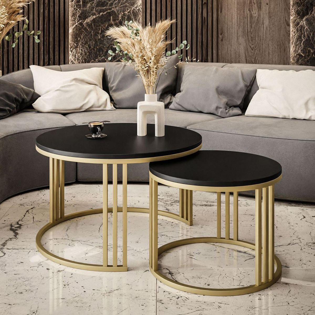 COUCHTISCH 2 in 1 LORI schwarz matt mit goldfarbenem Fuß - Goldfarben, Holzwerkstoff (70/70/48cm) - Lookway