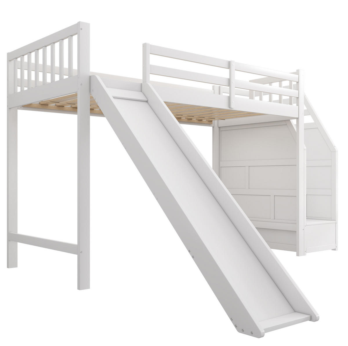 HOCHBETT 90/200 cm, Weiß mit Rutsche und Ablageleiter, ohne Matratze - Weiß, Holz (90/200cm) - MIVRAY
