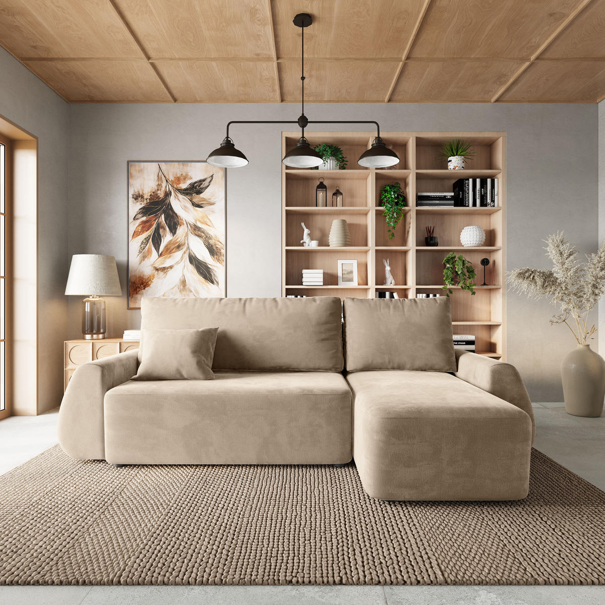 ECKSOFA GALVIS Creme Velours-Stoff mit Schlaffunktion - Creme, Holz (256/156cm) - MASSENO