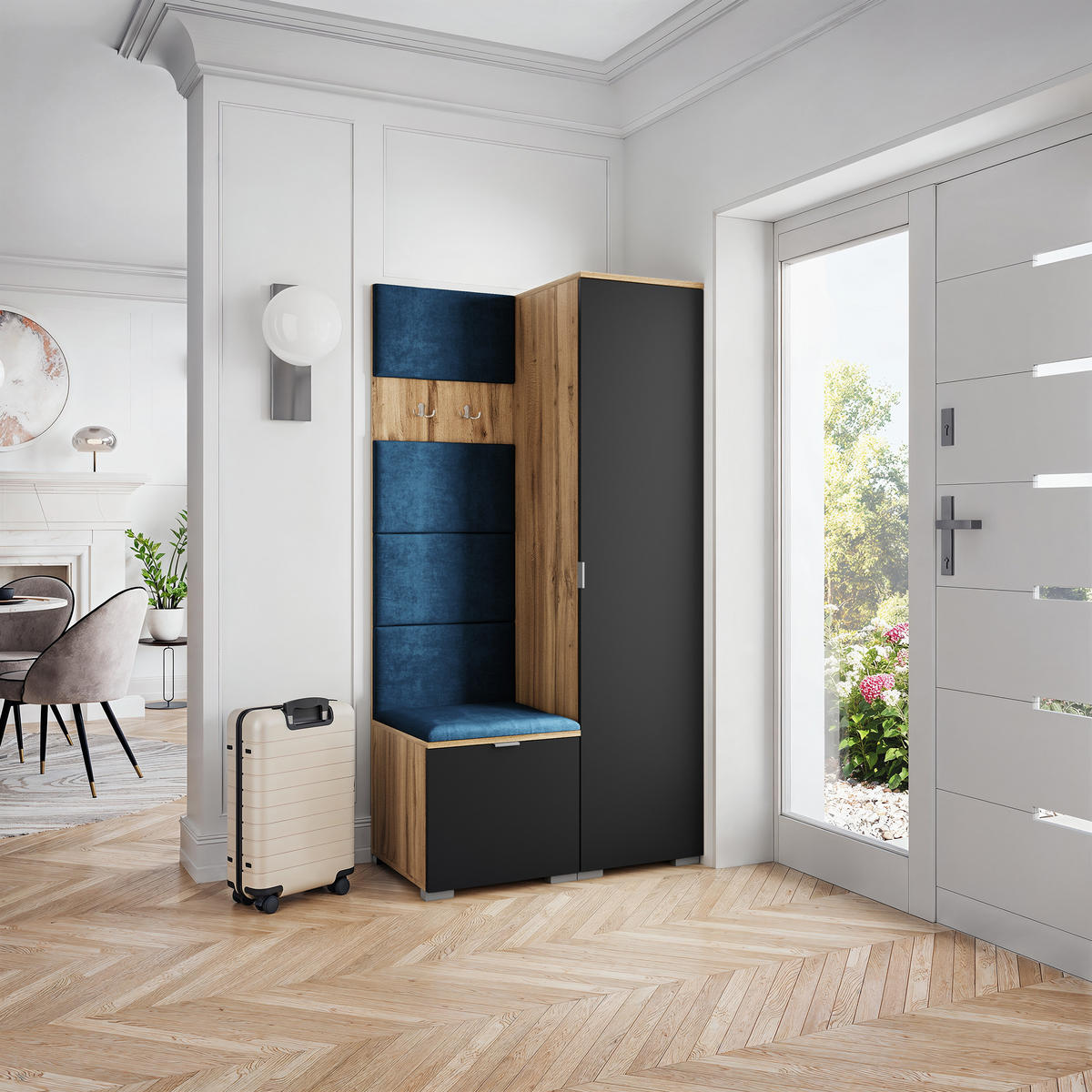 GARDEROBENSCHRANK LORI 95/181/51 cm Modern Garderobe-Set Eiche Wotan - Blau/Eiche Wotan, Holzwerkstoff (95/181/51cm) - MASSENO