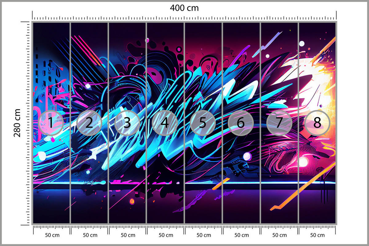 FOTOTAPETE für Jugendzimmer Neon Graffiti Schriften 400x280 - Blau/Gelb, Papier (400/280cm) - Muralo