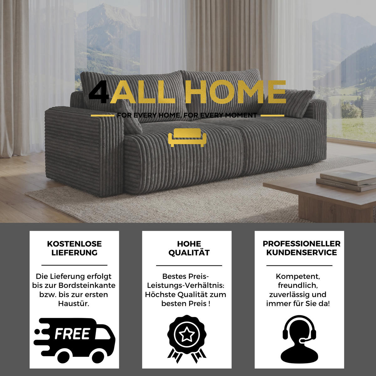 SOFA Kola mit Bettkasten und Schlaffunktion, Cordstoff - Grau, Holzwerkstoff (244/85/95cm) - 4ALL HOME