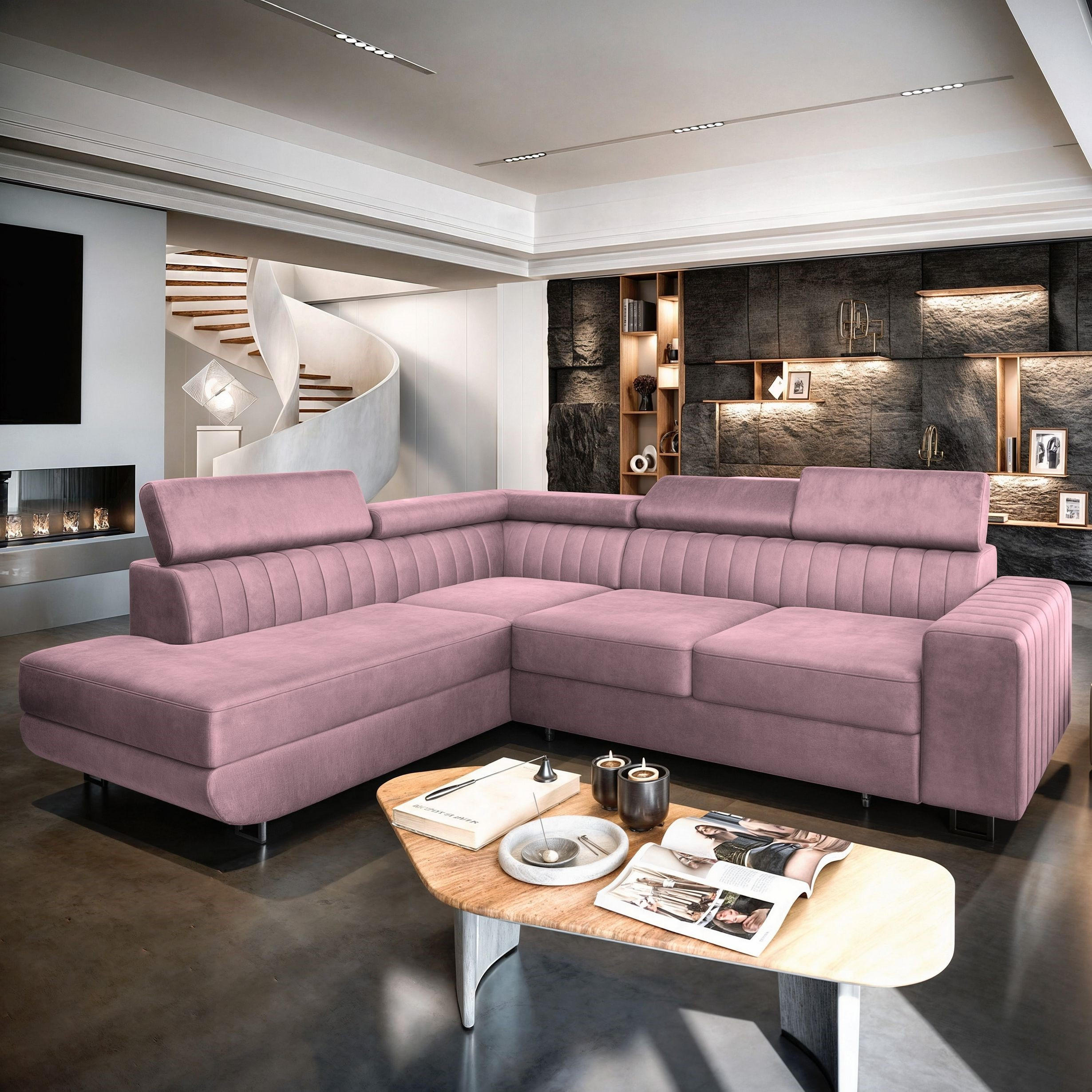 ECKSOFA NOLA L-S Lila Velours-Stoff mit Schlaffunktion - Lila, Holz (253/190cm) - MASSENO