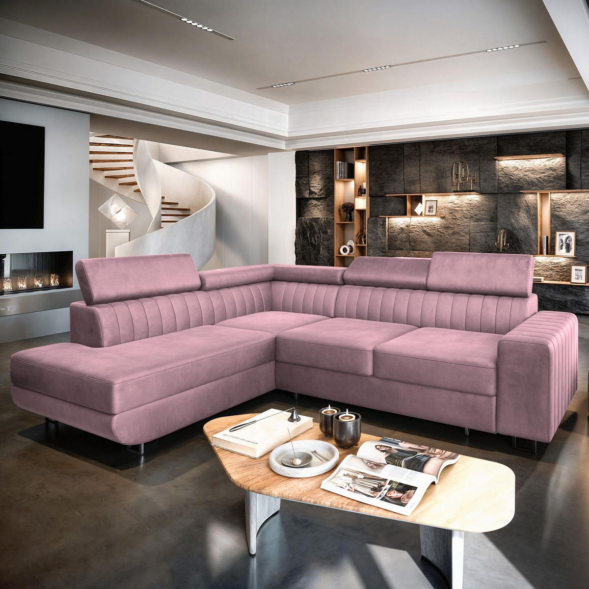ECKSOFA NOLA L-S Lila Velours-Stoff mit Schlaffunktion - Lila, Holz (253/190cm) - MASSENO
