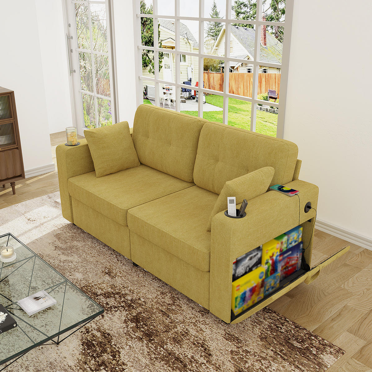 2-SITZER SOFA Chenille Senfgelb mit USB, Getränkehaltern und Stauraumschubladen - Gelb, Textil/Metall (172/82/75cm) - WISHDOR