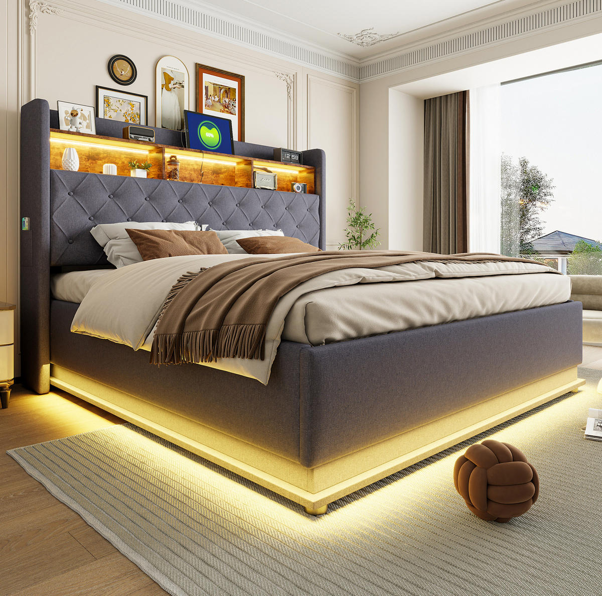 POLSTERBETT aus Stoff 180x200 cm Grau mit LED-Beleuchtung, USB-Anschluss und hydraulischem Stauraum - Grau, Textil (180/200cm) - Modfu