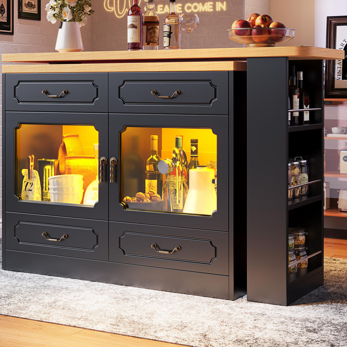 BARTISCH Ausziehbarer aus MDF mit 360° Drehplatte & LED, 135-203/39/92,8 cm, Schwarz - Schwarz, Holzwerkstoff (39/92.8/135cm) - Redom