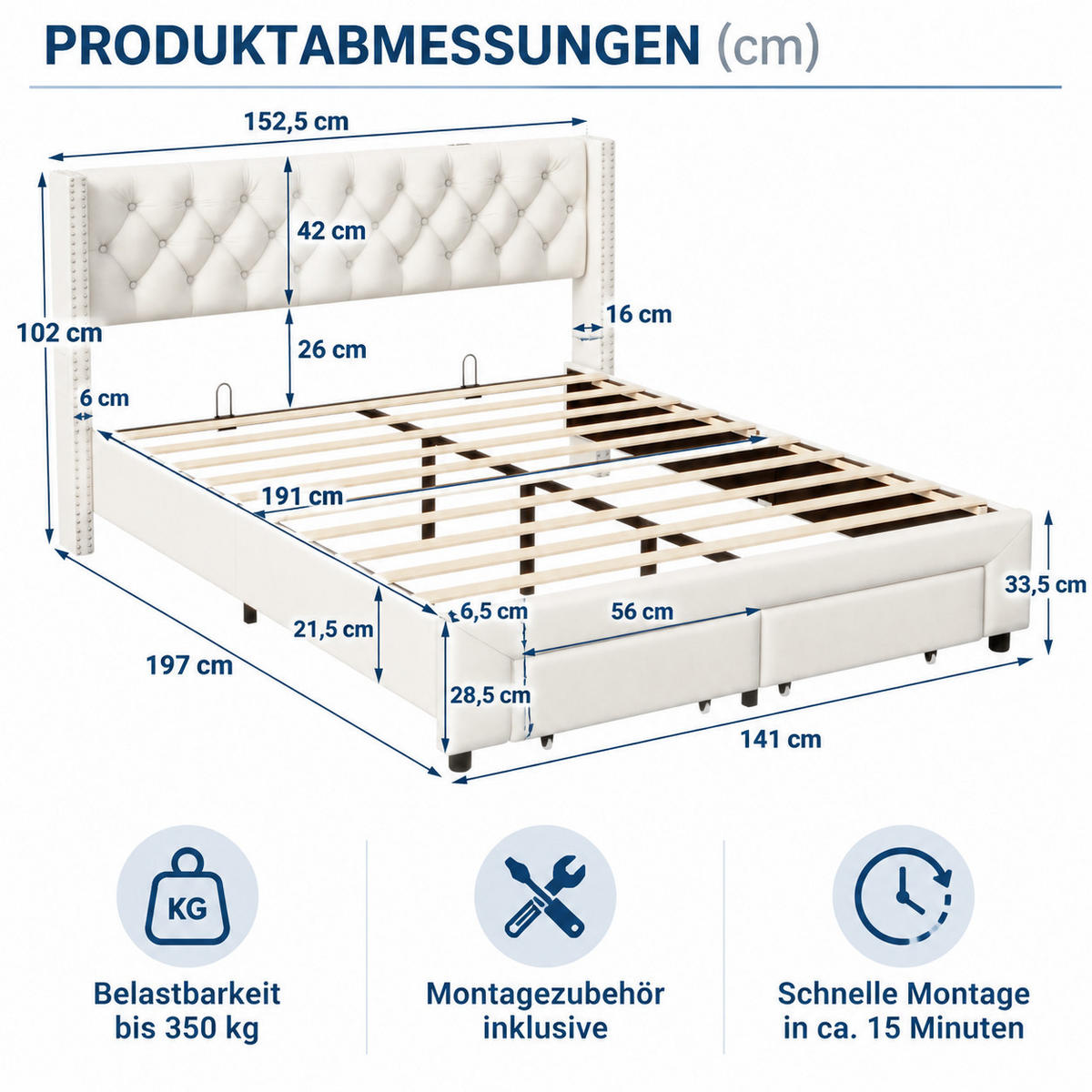 POLSTERBETT 140/190 cm mit LED-Beleuchtung, USB-Ladestation & 2 Aufbewahrungsschubladen, Chesterfield Knopfsteppung mit Nietenbesatz - Beige, Holz/Metall (140/190cm) - Joyfair