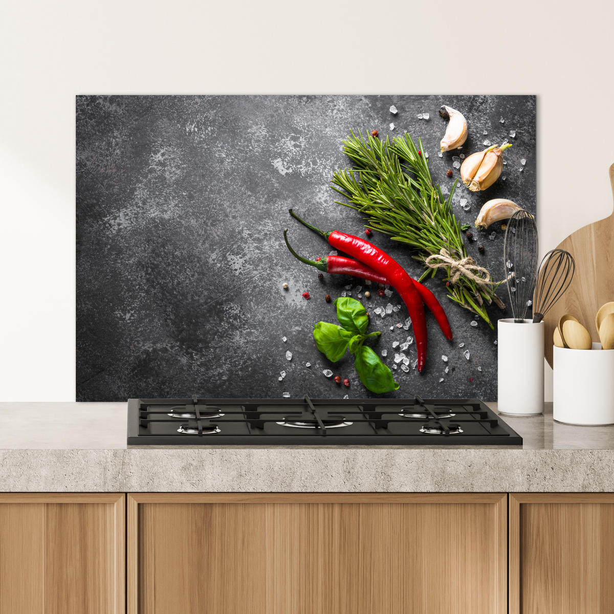SPRITZSCHUTZ KÜCHE Pfeffer - Kräuter - Gewürze - Beton 80x55 cm - Rot, Metall (80/0.3/55cm) - MuchoWow