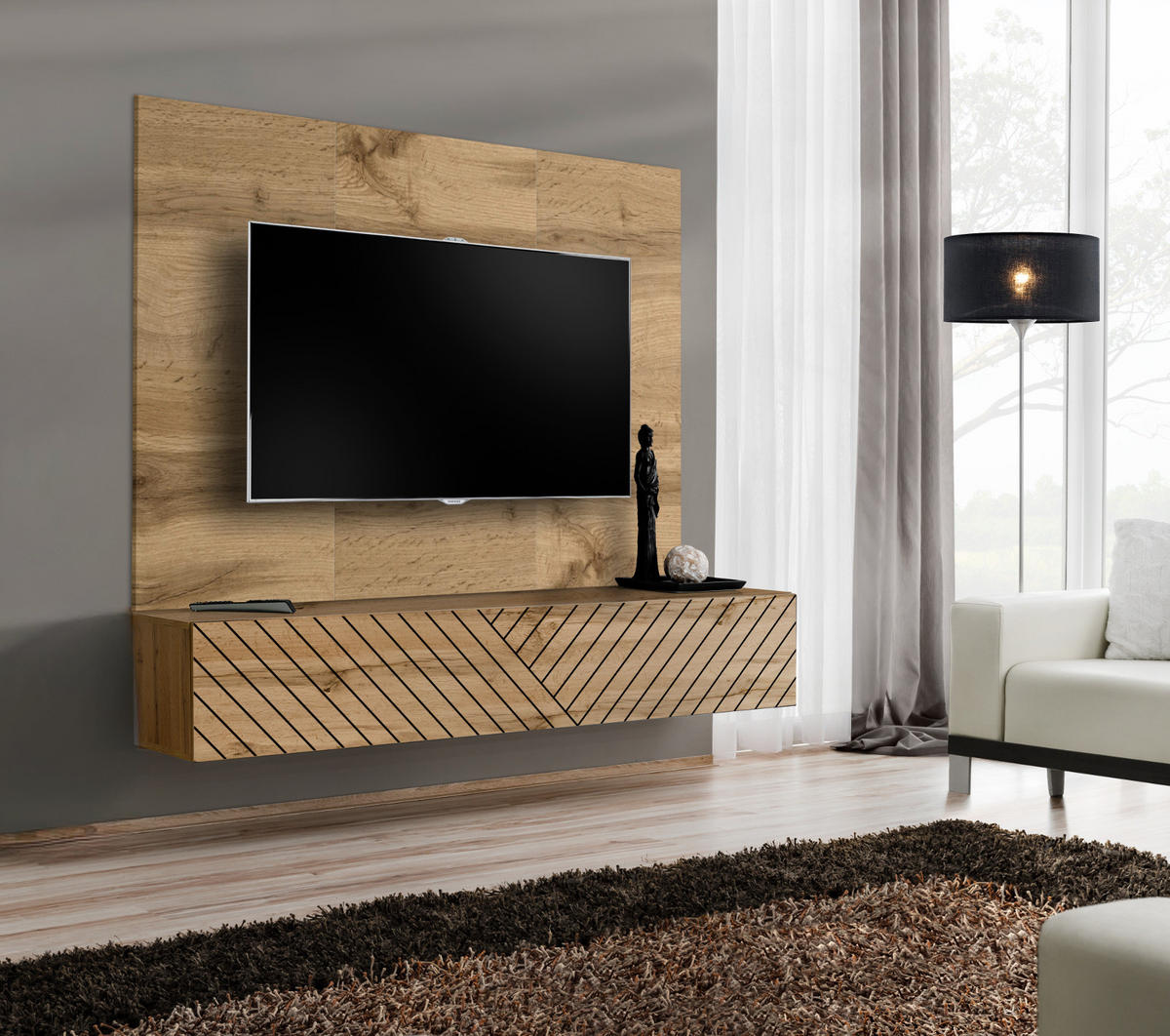 TV-LOWBOARD Eiche Wotan und schwarz 180 x 148 cm, Set hängend inklusive Akustikpaneel - Eiche Wotan/Schwarz, Holzwerkstoff (180/148/40cm) - Inn.Furn