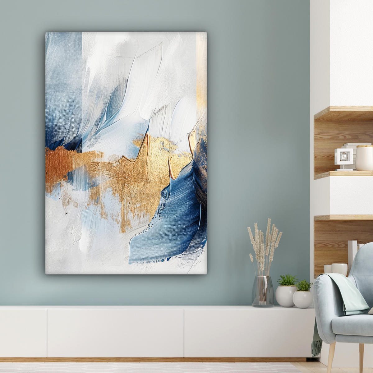 LEINWANDBILD Gold - Blau - Aquarell - Kunst - Modern Deko XXL 80x120 cm - Hellblau, Textil (80/120cm) - MuchoWow