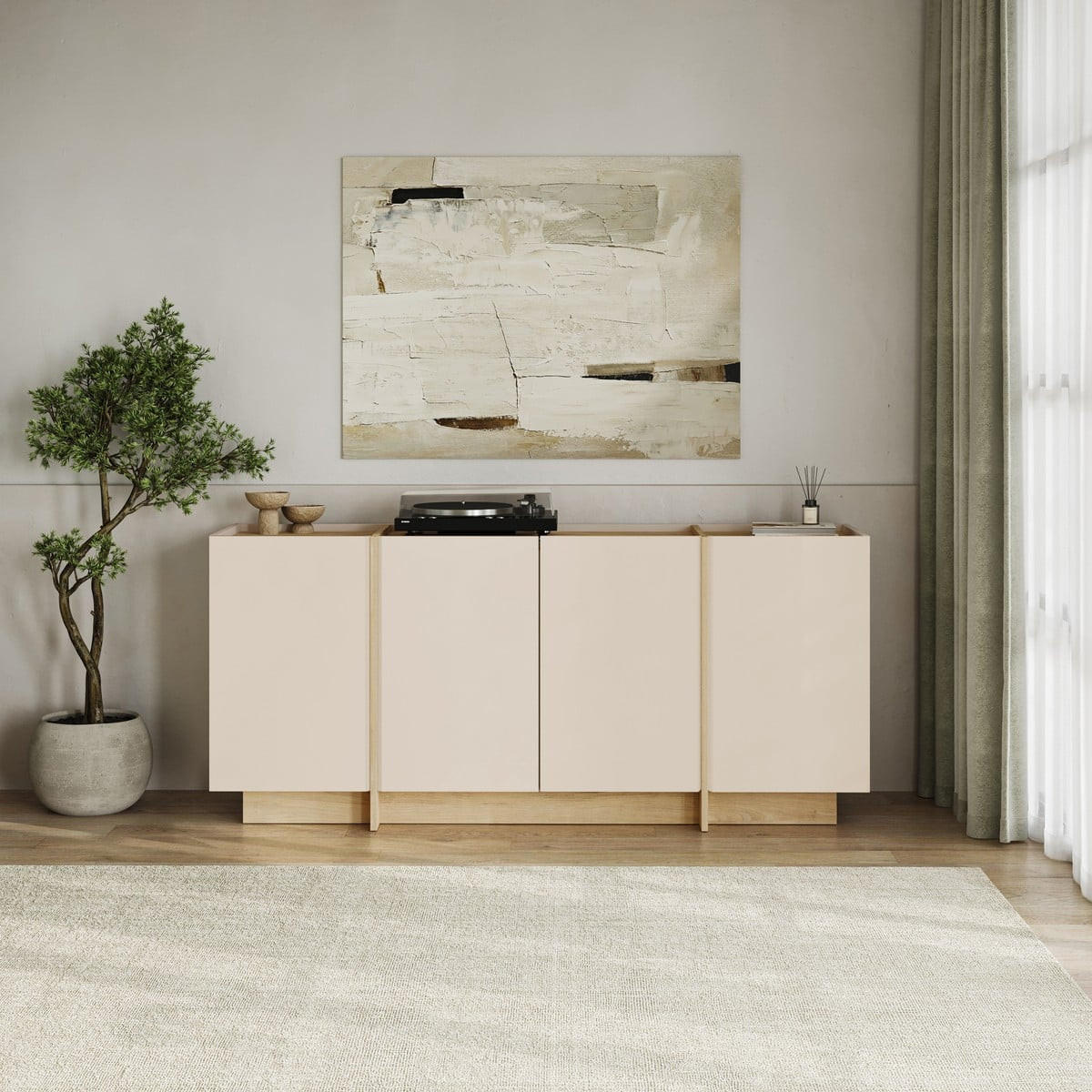 SIDEBOARD mit 4 Türen, Dekor in Kaschmir und Eiche-dekor 180/45/80 cm - Beige, Holzwerkstoff (45/80/180cm) - Calicosy