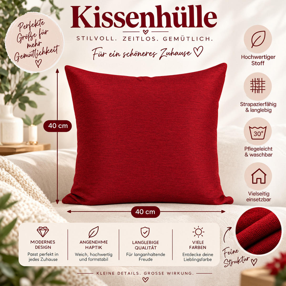 KISSENBEZUG Canada 40/40 cm meliert Rot - Rot, Textil (40/40cm) - TiborTex