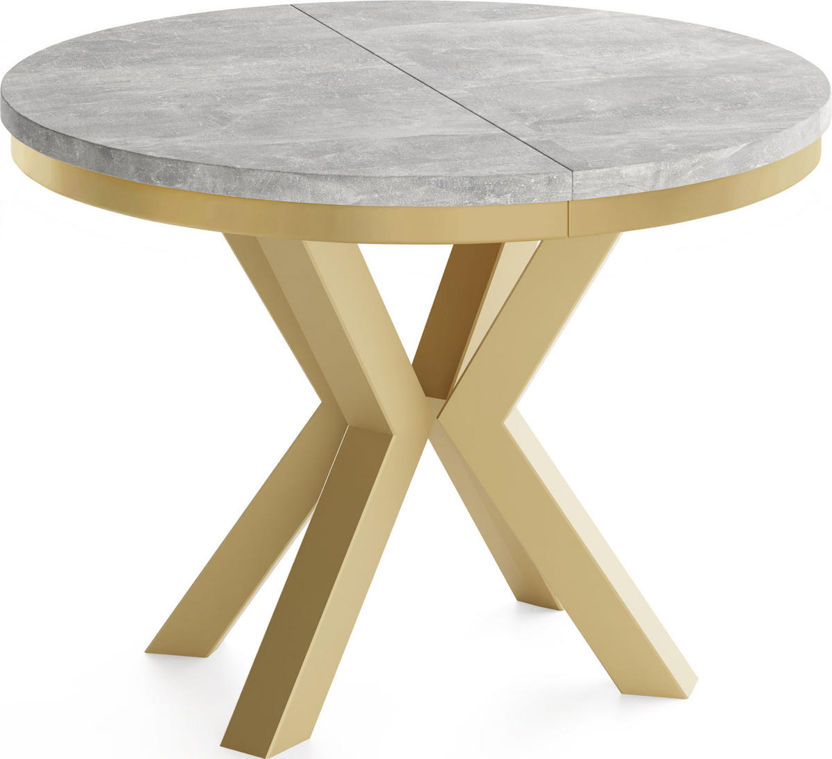 ESSTISCH Clara Gold runder ausziehbarer, Grauer Beton 100-180/100/76 cm - Goldfarben/Hellgrau, Holzwerkstoff/Metall (100/100/76cm) - WFL GROUP