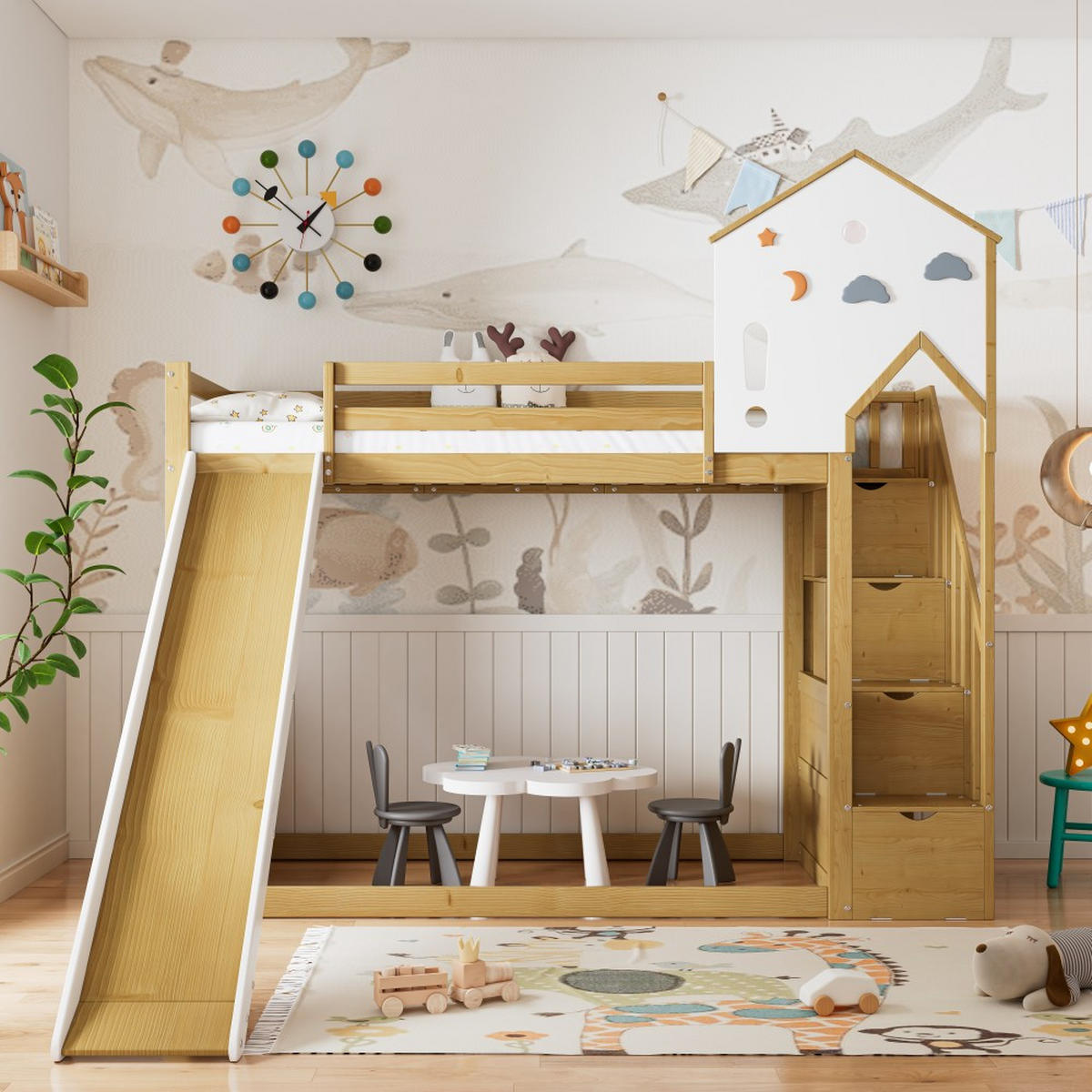 ETAGENBETT 90x200cm in Natur mit 3 Schließfächer in der Treppe - Naturfarben, Holz (90/200cm) - KOMHTOM
