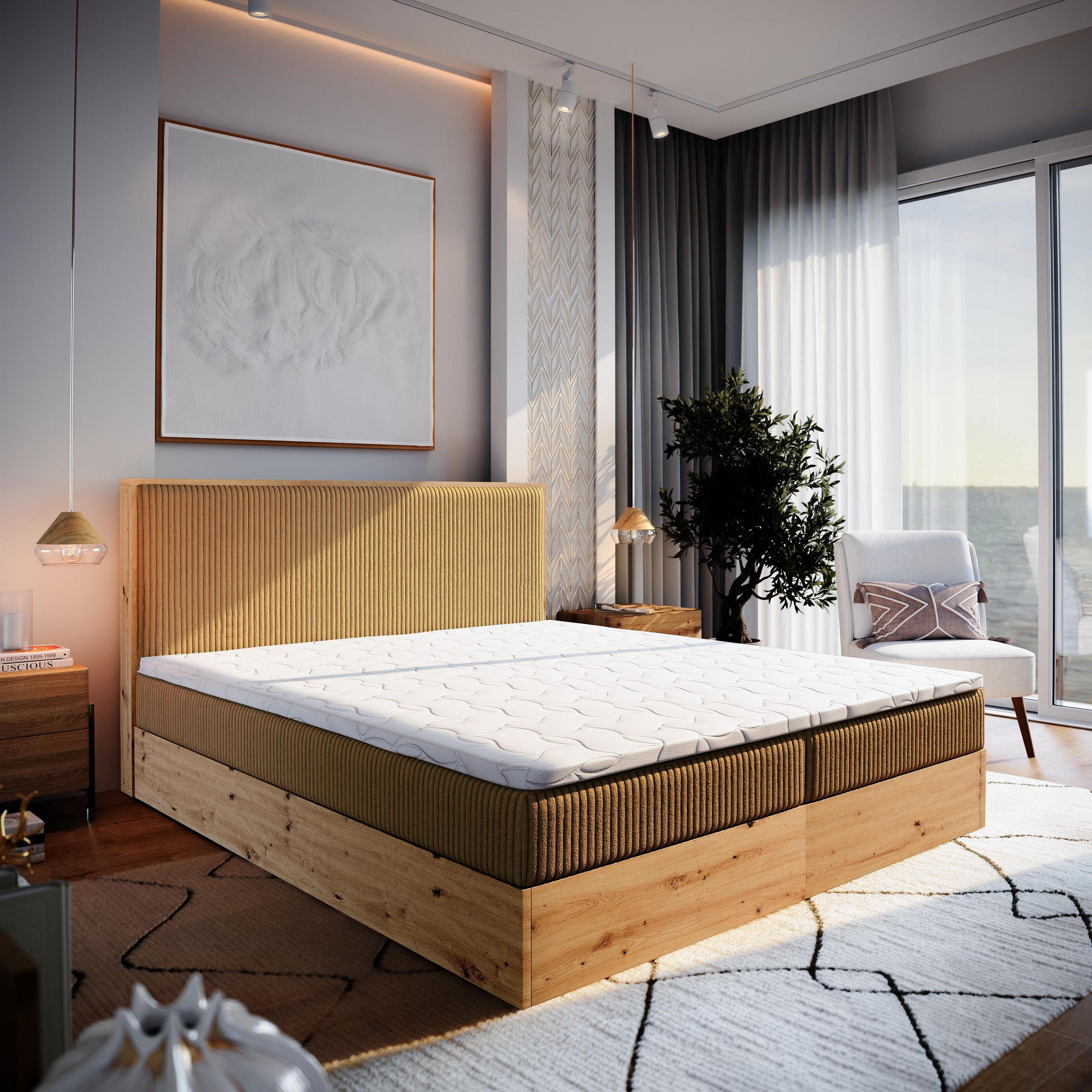 BOXBETT VERDON 140x200 cm mit Matratze und Topper - Gelb - Gelb, Holz (140/200cm) - MASSENO
