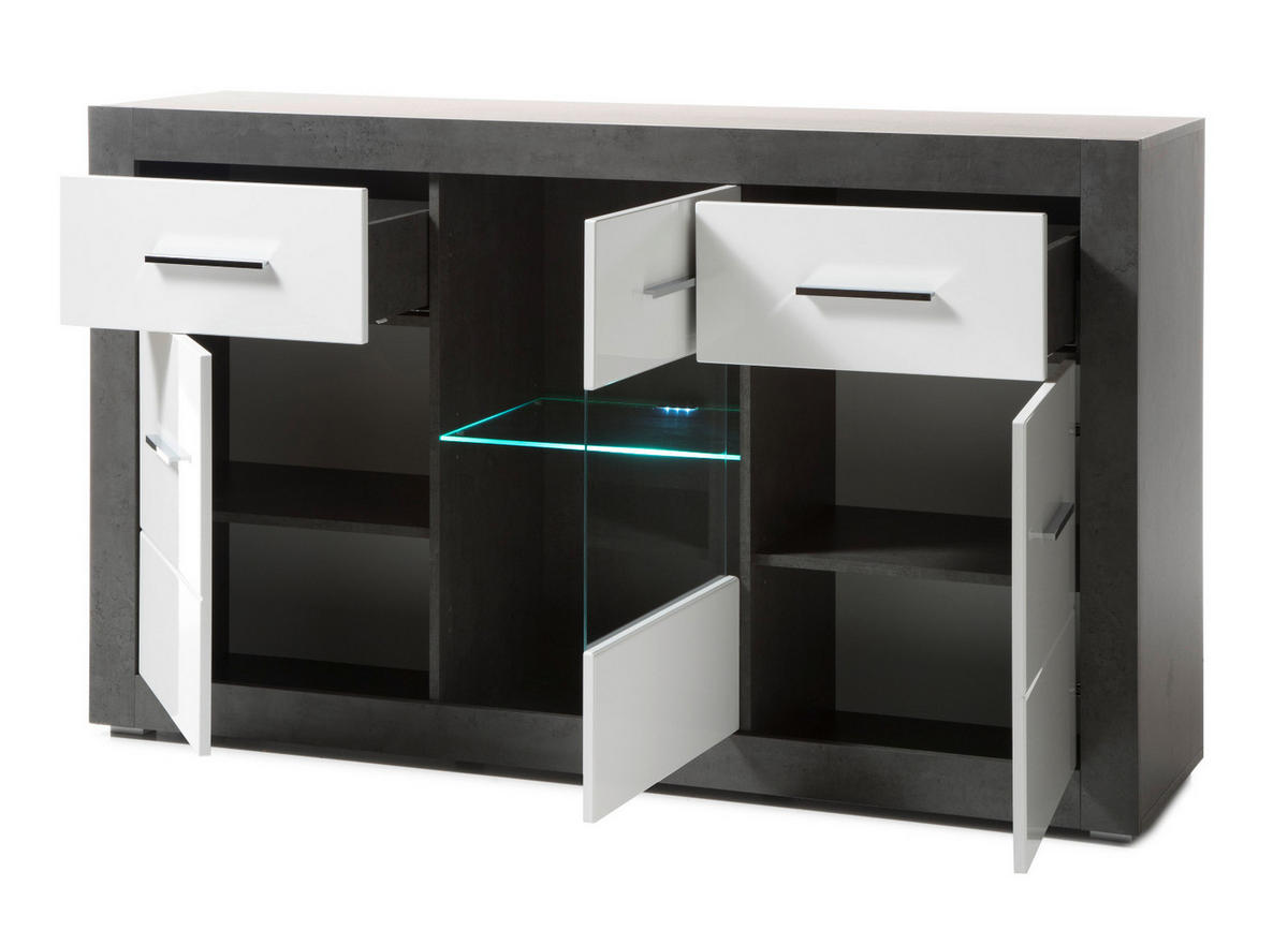 SIDEBOARD weiß Hochglanz, grau Stone 164 cm, Kommode 6 Fächern - Chromfarben/Weiß Hochglanz, Glas/Holzwerkstoff (164/97/42cm) - Furn.Design