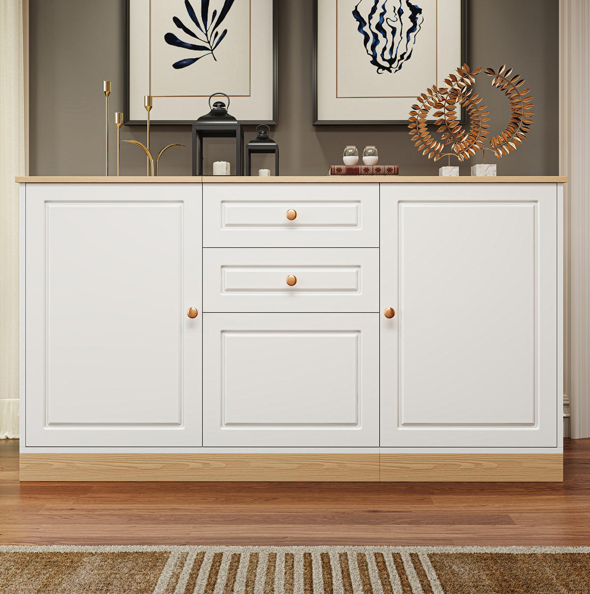 SIDEBOARD 135,5/39/76 cm weiß in Holzoptik aus Spanplatte mit 3 Türen und 2 Schubladen - Weiß, Holzwerkstoff (135.5/76/39cm) - OKWISH