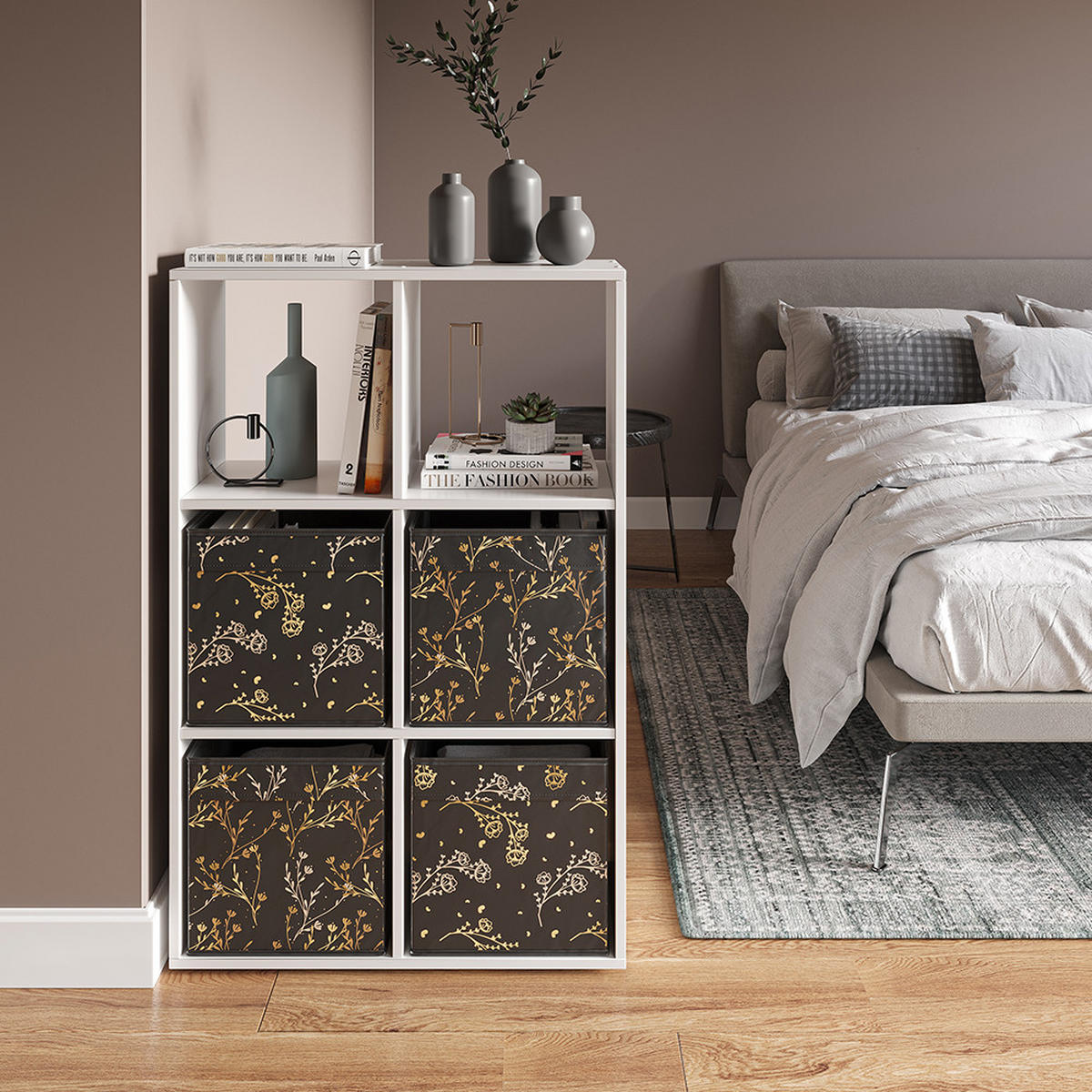 FALTBOX Schwarz/Gold (Floral) 30 x 30 cm 2er Set Option2 - Gelb/Schwarz, Wellpappe (30/30/30cm) - Vicco