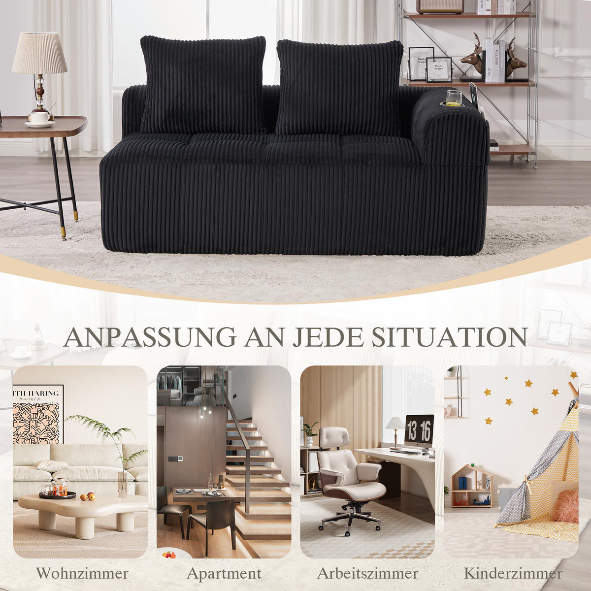 CHAISELONGUE in Cord Übergroßer Relaxsessel mit Seitentaschen - Schwarz, Textil (158/61/93cm) - Urban Meuble