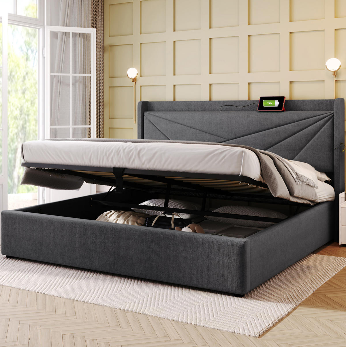 POLSTERBETT mit Bettkasten USB/Typ-C 140x200 cm Grau - Grau, Metall (140/200cm) - Meubliv