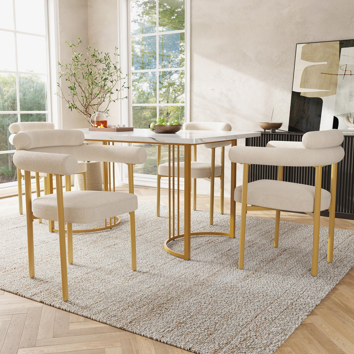 ESSTISCHSET 5-Teilig Mit Metallbeinen, 4 Creme Wildledersessel, Gold - Multicolor, Metall (140/75/80cm) - FLIEKS