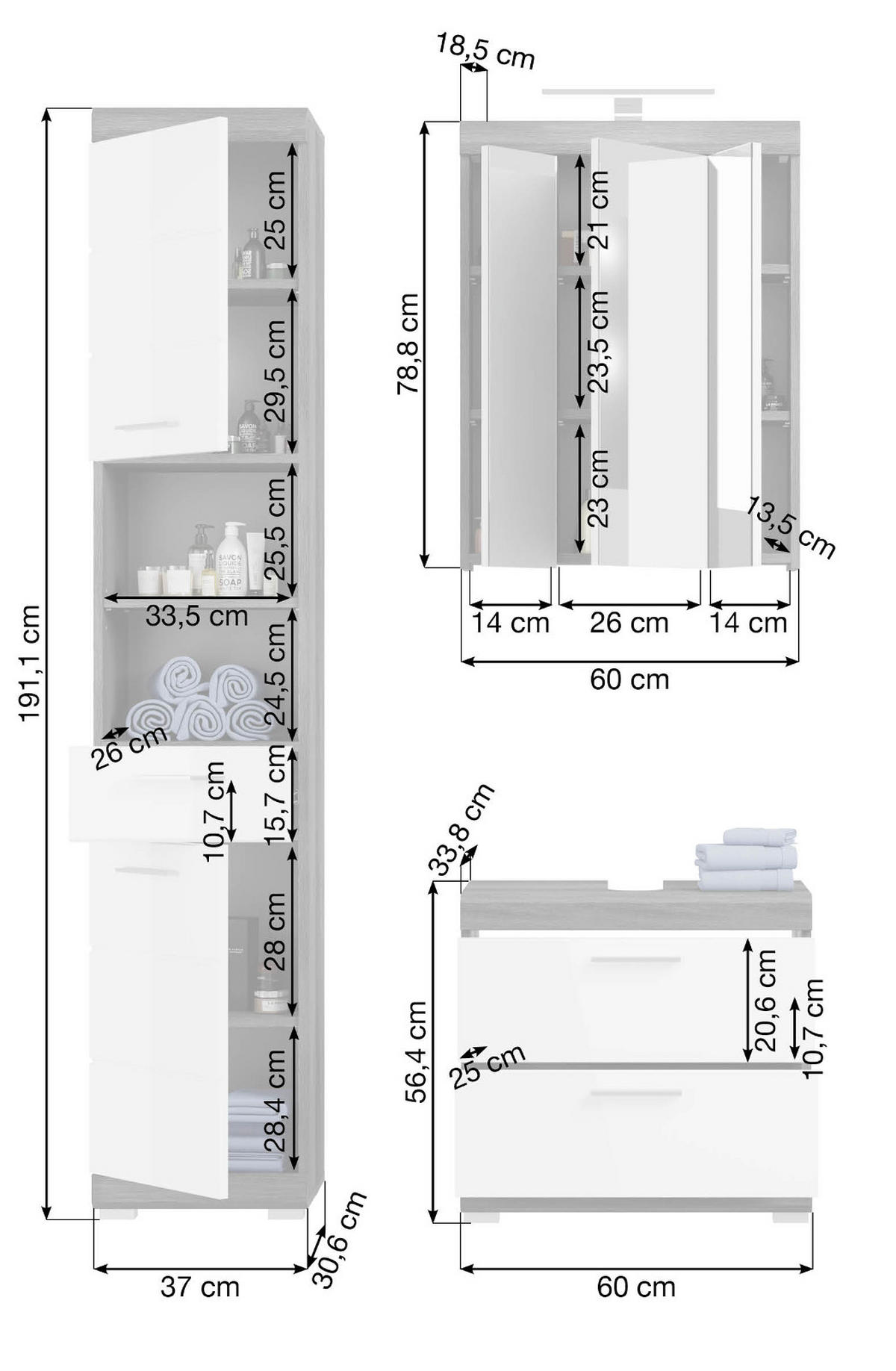 BADMÖBEL-SET weiß Hochglanz, grau 3-teilig 112 cm, Komplettset mit 15 Fächern - Weiß Hochglanz/Grau, Holzwerkstoff (112/191/34cm) - Inn.Furn