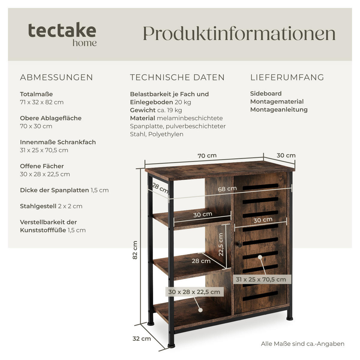 SIDEBOARD ,mit höhenverstellbaren Kunststofffüßen, 70 x 32 x 82 cm,Industrial Holz dunkel, rustikal - Rostfarben, Holzwerkstoff (32/82/71cm) - tectake