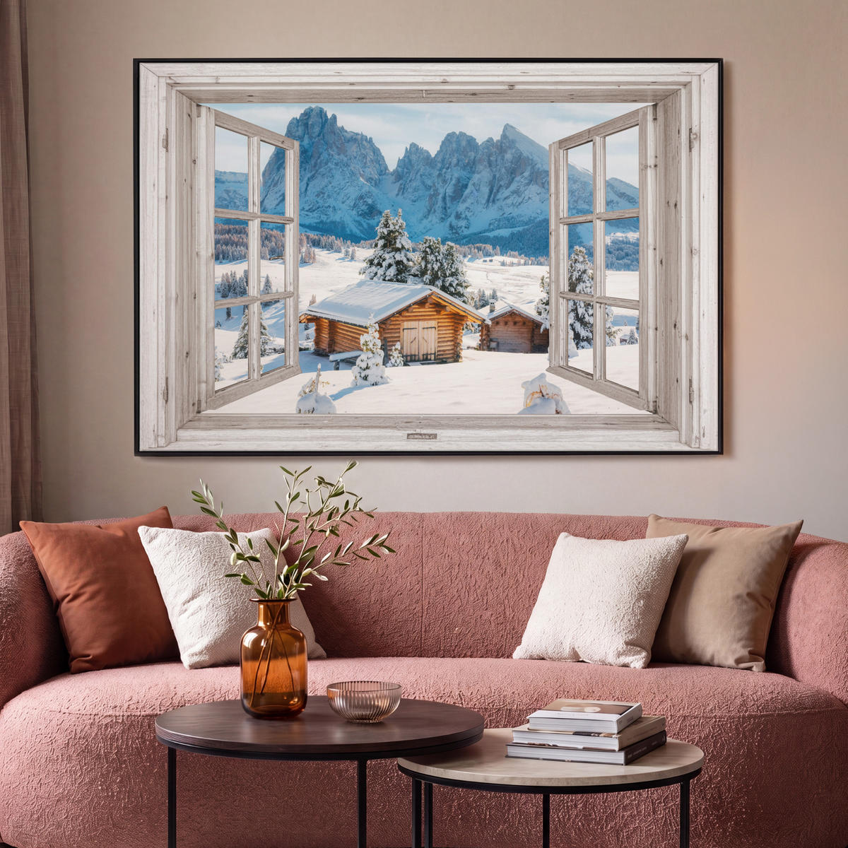 LEINWAND Bilder mit Rahmen - Winterlandschaft - Hütte - Berge - Ausblicke - Aussicht - Natur - 140x90 - Weiß Hochglanz, Textil (140/90cm) - MuchoWow