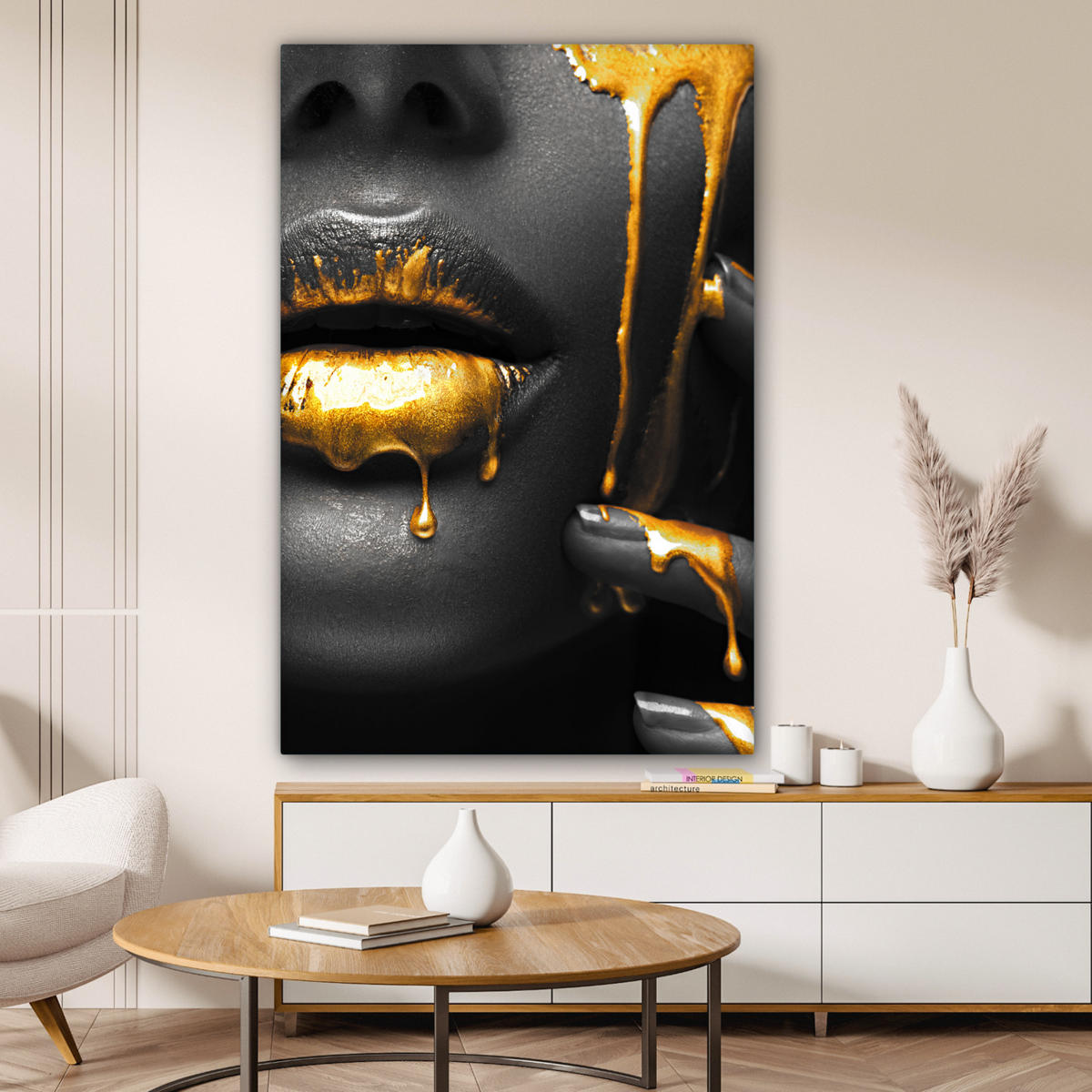 LEINWANDBILD Frau - Schwarz - Gold - Gesicht - Lippen Deko XXL 80x120 cm - Goldfarben, Textil (80/120cm) - MuchoWow