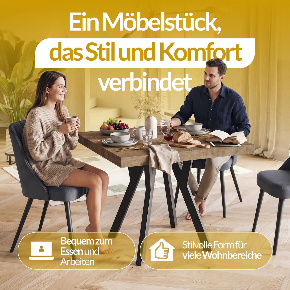 QUADRATISCHER Esstisch ausziehbar – Moderner Wohnzimmertisch und Küchentisch – Tisch mit Holzbeinen, Durchmesser 90 cm - 190 cm - Farbe Craft - Weiß/Braun, Holzwerkstoff (90/90/77cm) - Alpi-Möbel