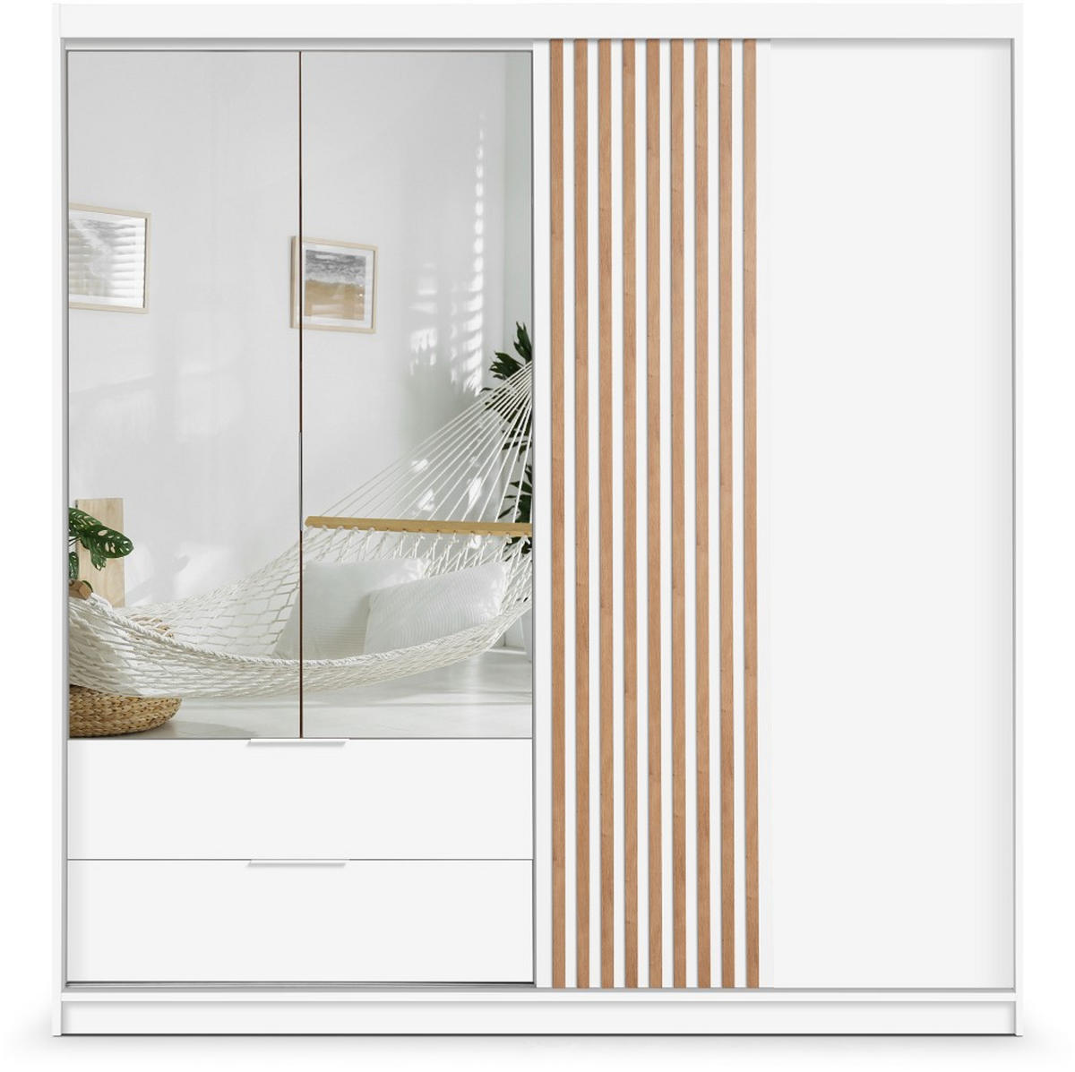 DREHTÜRENSCHRANK Madero mit Spiegel und 2 Schubladen, 203 cm, Weiß - Weiß, Holzwerkstoff (203/213/60cm) - Beautysofa